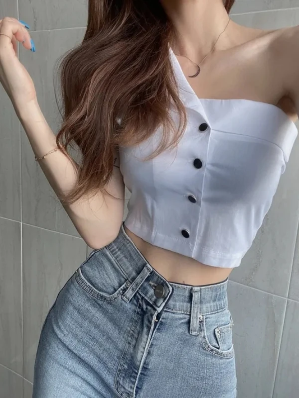 ฤดูร้อนไหล่ไม่สม่ําเสมอผู้หญิง ort irt Pure Desire การออกแบบปุ่มเดียวเกาหลี Sle Slim Fit ไม่มียี่ห้อเดินทางลม