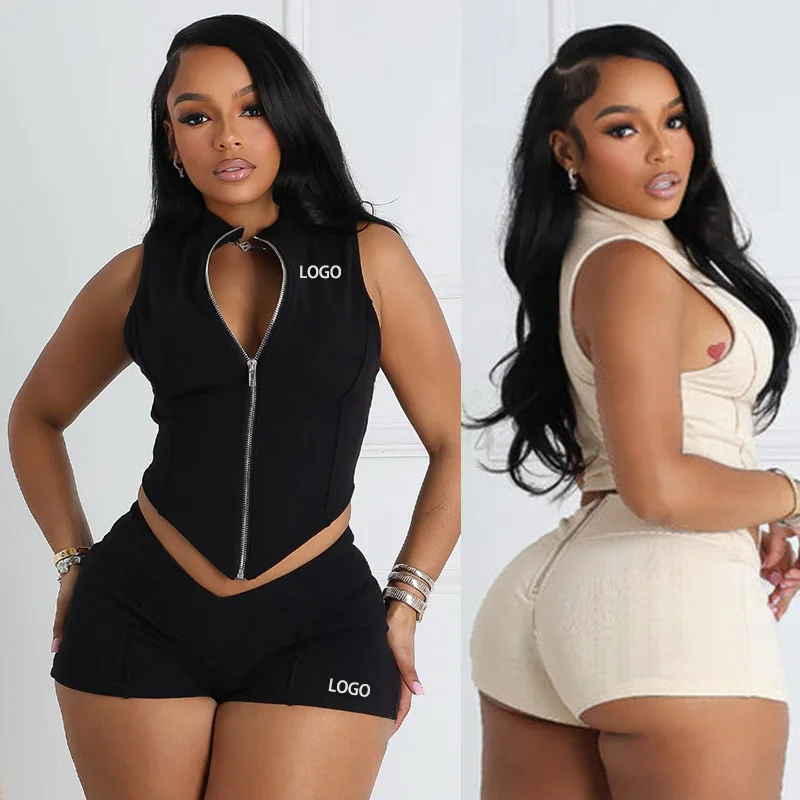 

Женский весенне-летний комплект облегающих шорт без рукавов с застежкой-молнией и лацканами на заказ, с открытым пупком и высокой талией