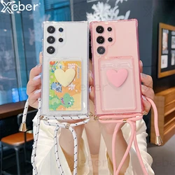 Crossbody Necklace Strap Cord Love Heart Card Holder Wallet Case For Samsung S24 Ultra S23 S22 S21 FE A55 A54 A53 A35 5G Cover
