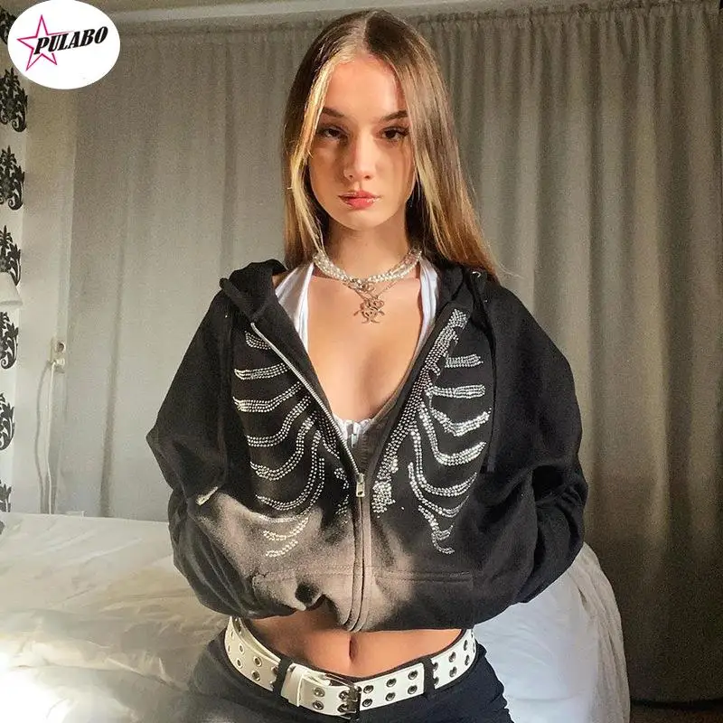 

PULABO Rhinestone Skeleton Hoodies Women Gothic Black Zip Up Oversized Sweatshirts Harajuku Skulls Hooded Jacket Autumn ins