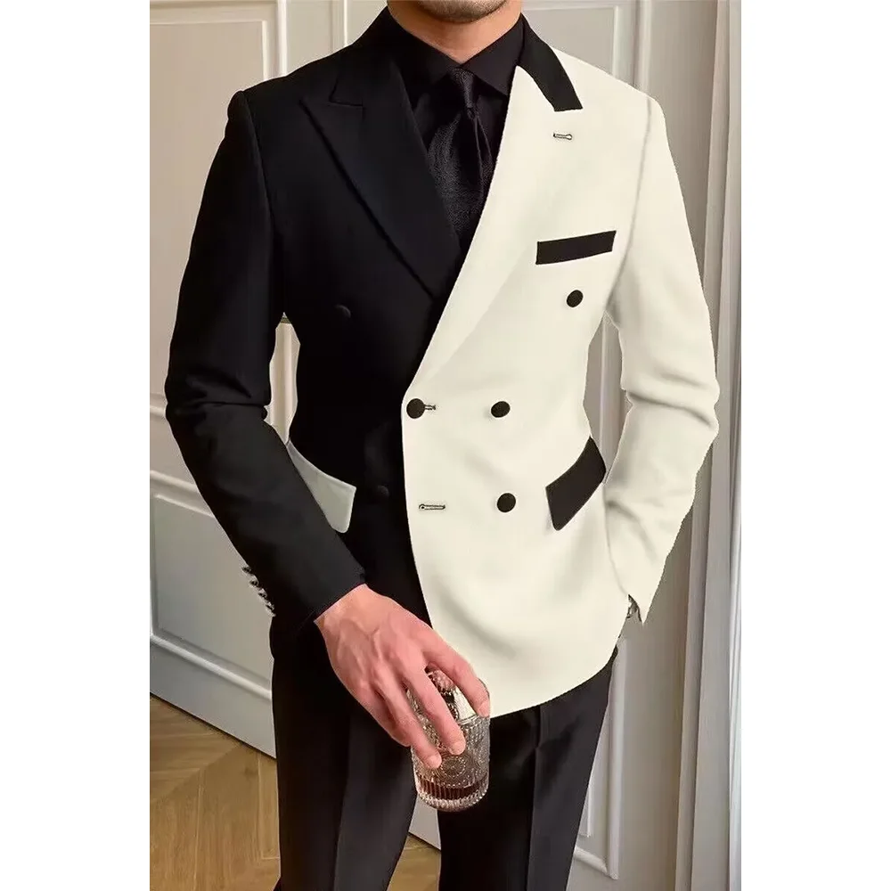 Chic White and Black Stitching Suits for Men Fashion Peak Lapel Double Breasted Costume Homme Concert Casual Wedding Tuxedo