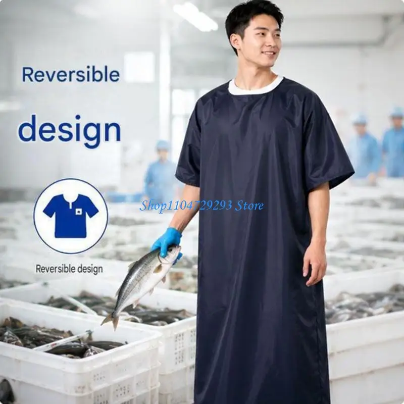 Waterproof Apron Gown PVC Kitchen Cover with Long Lower-Leg Coverage Short Sleeves and Round Neck for Cleaning and Handling