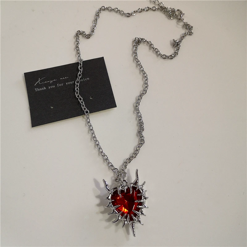 Gothic Red Heart Thorns Cross Chains Necklace For Women Men Hip-Hop Personality Trendy Charm Grunge Punk Jewelry Y2k Accessories