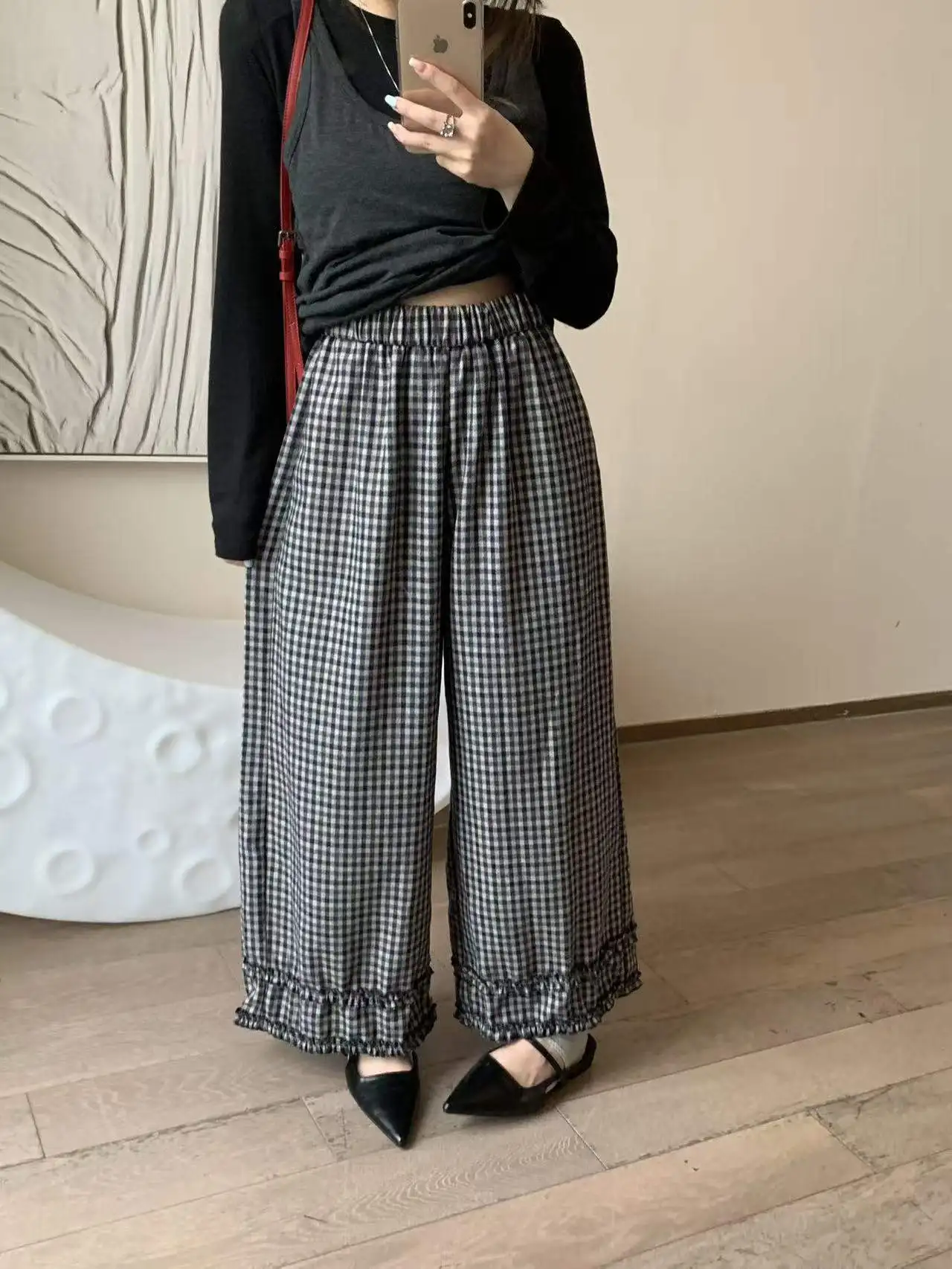 

Женские брюки в клетку с высокой талией и эластичной резинкой, широкие, универсальные, черно-белые, прямого кроя, модель 797
