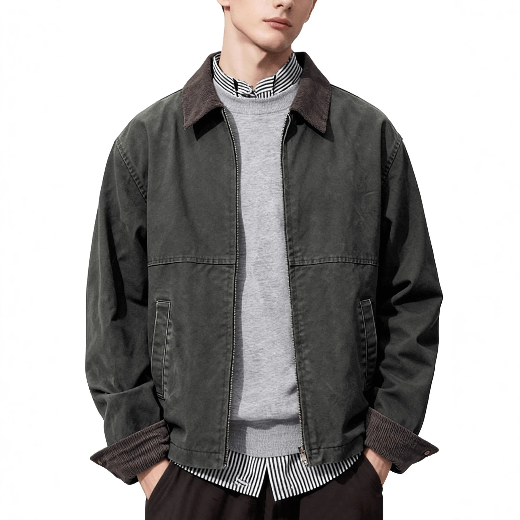 

Barn Style Men's Turn-Down Collar Workwear Jacket Spring Casual Zipper Cargo Jacket Detroit Outdoor Commuting Coats