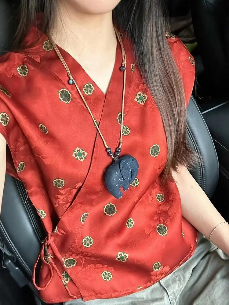 Floral Printed Satin Silk Blouses Women Short Sleeve Retro Tops Chinese Style Hanfu Lace Up Shirts Oversized