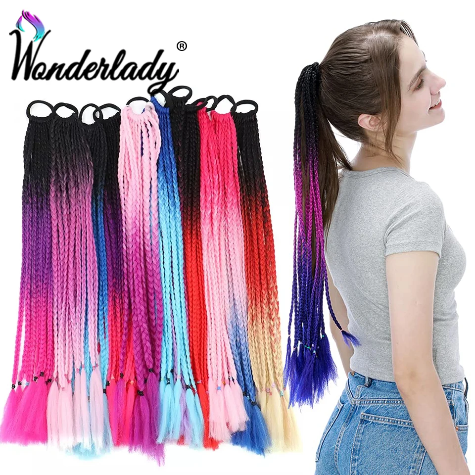 

24inch Synthetic Hair Ponytail With Elastic Rubber Band Hair Extensions For Women Colored Box Braids Pontail Crochet Pigtail