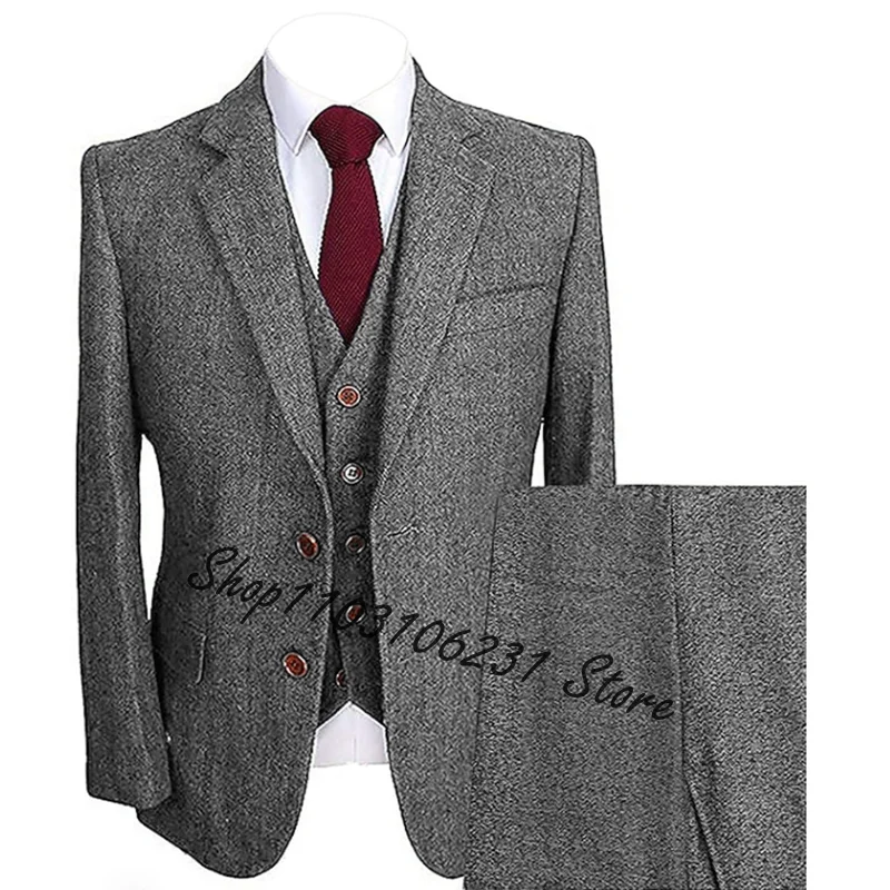 Formal Business Men Suits Slim Fit Tweed Herringbone Tuxedos Groom Wedding Suits For Men Notched Lapel Male Blazer Costume Homme