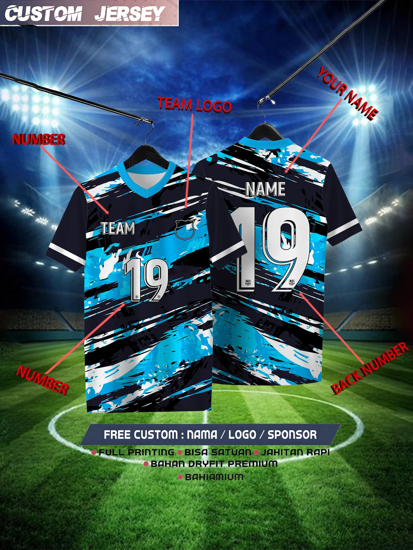 

Customized Geometric Sky Blue Short Sleeved Shirt with Team Name, Emblem, Name and Number, Outdoor Sports Short Sleeved T-shirt