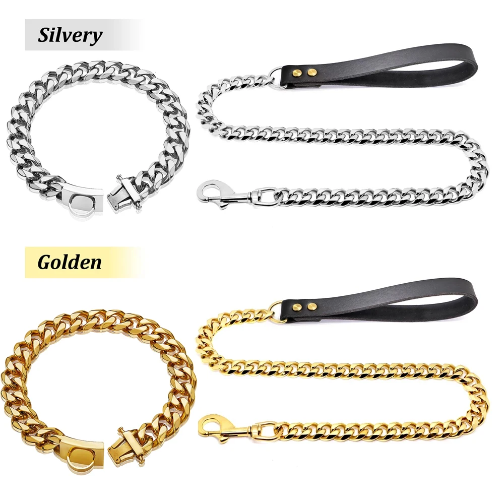 Stainless Steel Dog Chain Collar, Leash Suit, Pet Metal Training Collar, Medium and Large Dogs Accessories, Silver and Gold Link