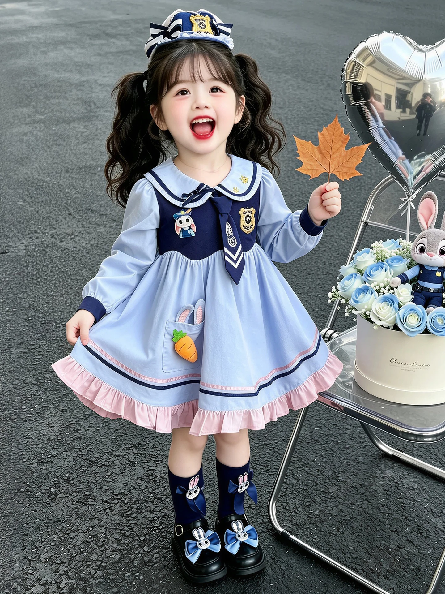 春秋ウサギ警察官ドレス女の子プリンセススカートスクールスタイルジュディパフォーマンスドレスソフトで快適なコットンドレス
