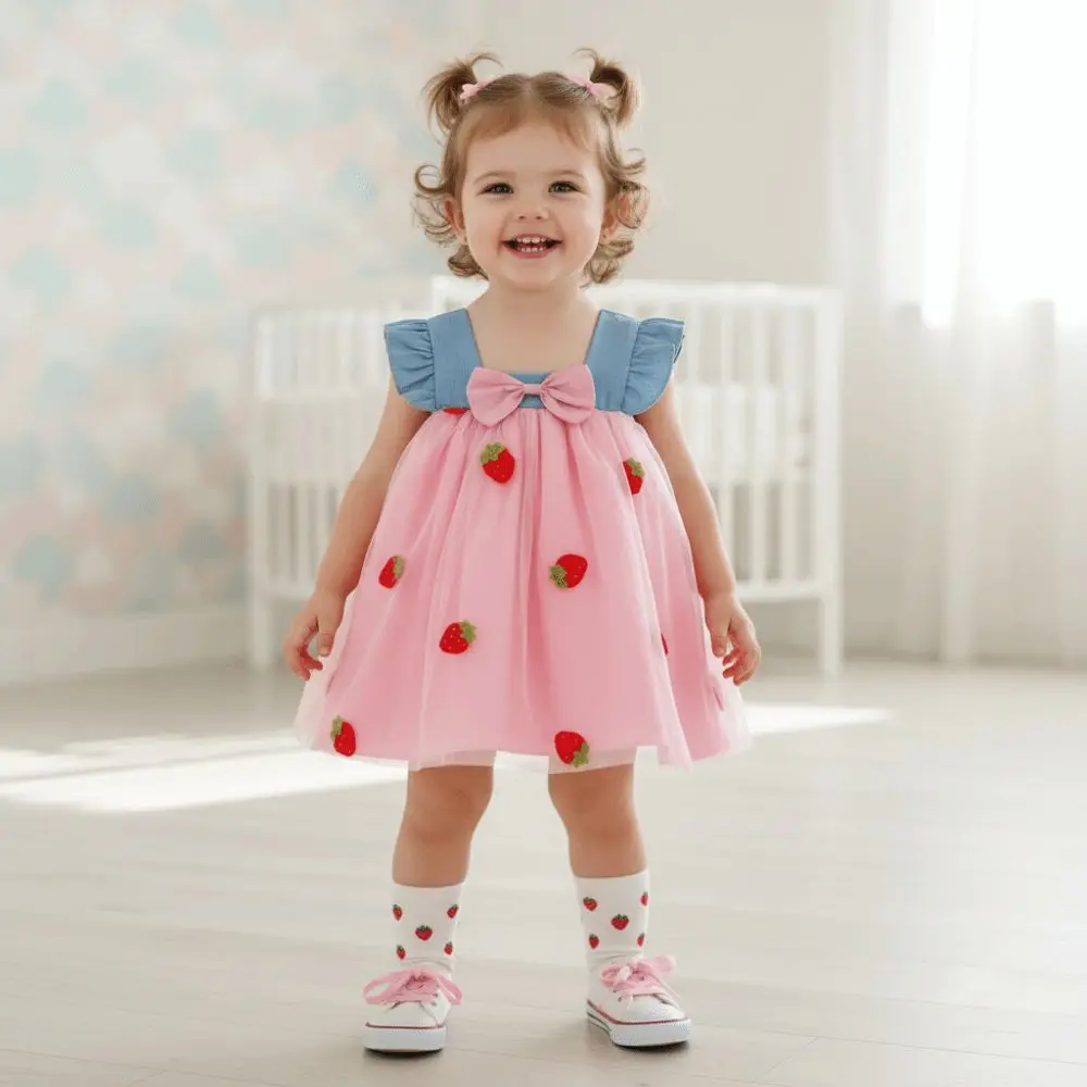Cute Strawberry Embroidery Girls Summer Dresses Sweet Bowknot Sleeveless Princess Dress Vest Dresses Clothing