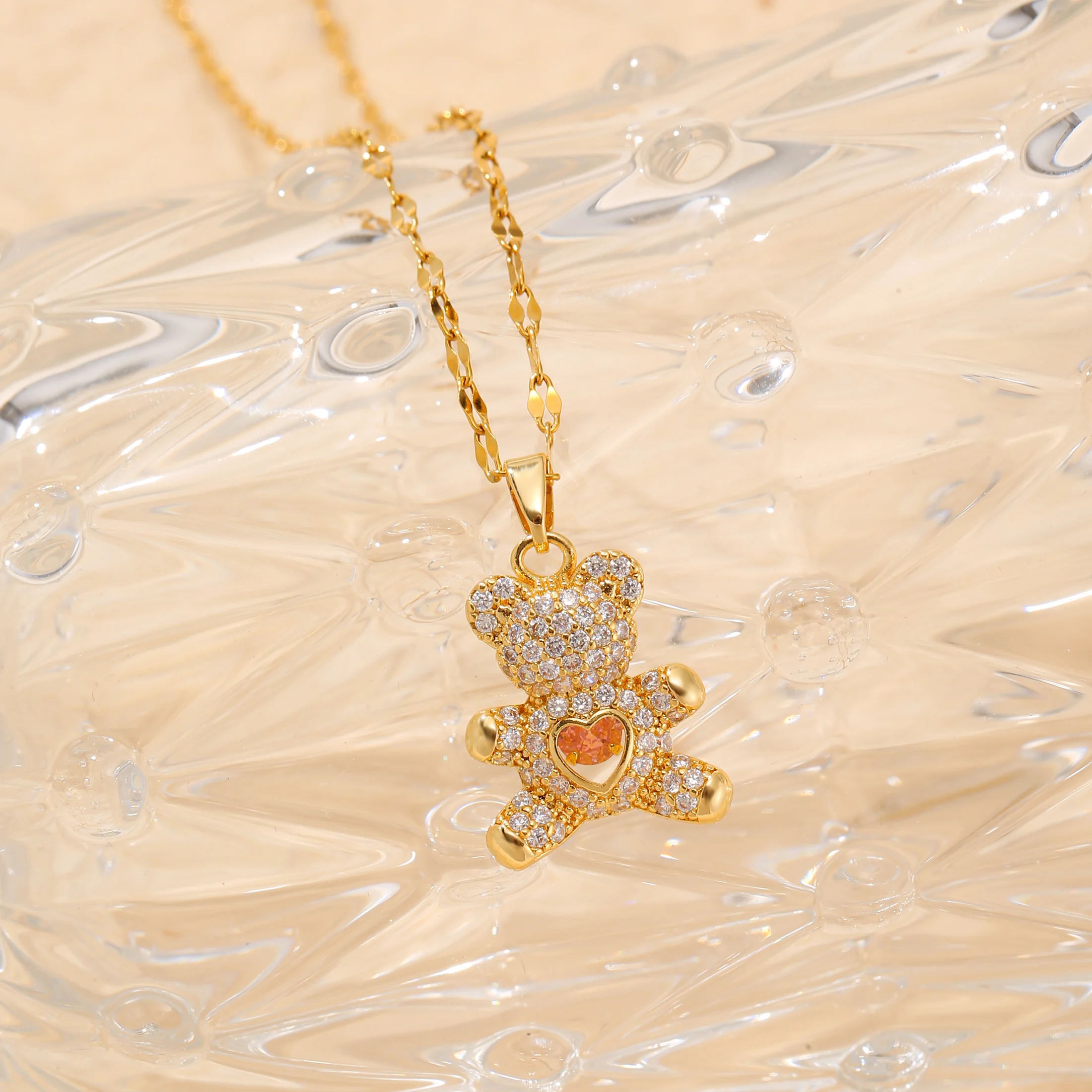 Little Bear Inlaid Love Zircon Women\'s Party Stainless Steel Plated 18K Gold Hypoallergenic Jewelry Pendant Necklace