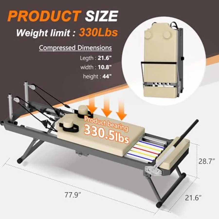 Foldable Pilates Reformer Machine for Home Gym 330lbs Capacity with Alloy Springs 5 Elastic Bands Space-Saving Design for Begin - Image 6