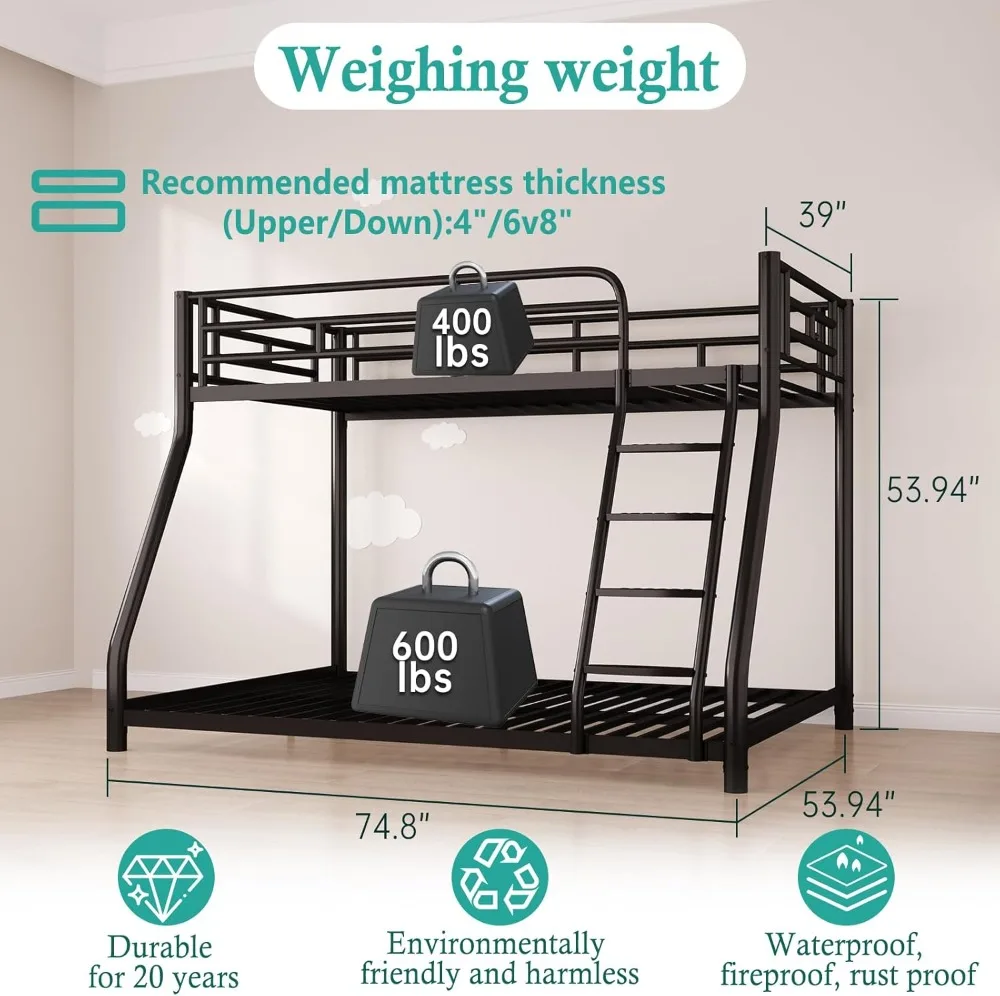 Metal Twin Over Full Bunk Bed with Ladder Guardrail Heavy Duty Steel Frame for Adults Kids Teens
