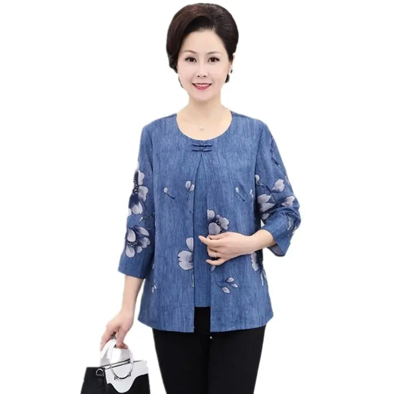 2023 Middle-aged Mother Short sleeve Spring Summer Shirts 5XL 6XL Loose O Neck Fashion Elegant Print Blouses Female Casual Tops