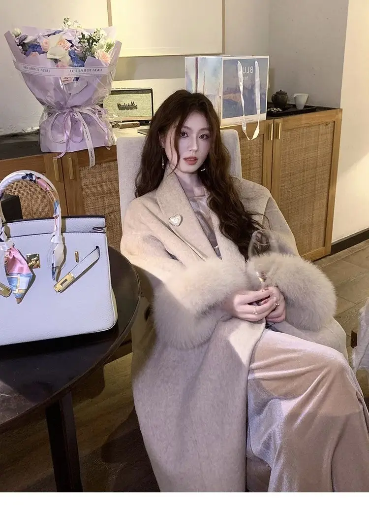 

Шерстяные пальто, женское шерстяное пальто, коричневое женское осеннее пальто из ангоры с зубчатым воротником и вышивкой на пуговицах, длиной миди во французском стиле для поездок на работу