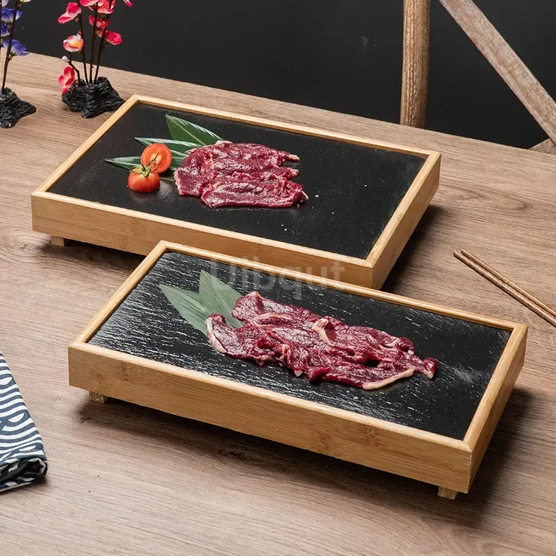 Plato de piedras de Lava para comedor de roca negra, plato de vajilla de piedra de barbacoa de madera de bambú creativo personalizado de estilo japonés