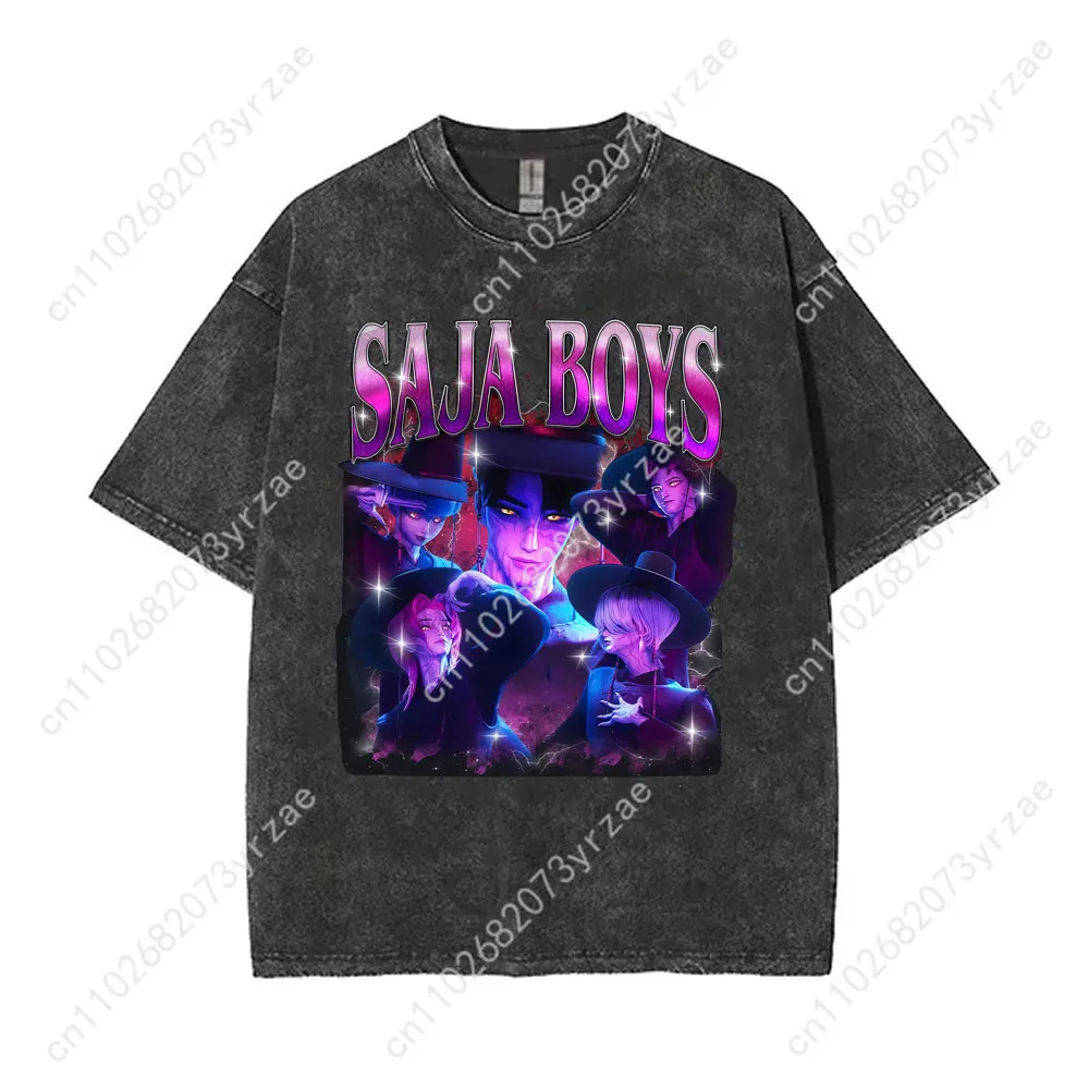 Kpop Demon Hunters rétro lavage t-shirt homme femme haute qualité Vintage t-shirt mode coton manches courtes doux dessus respirants