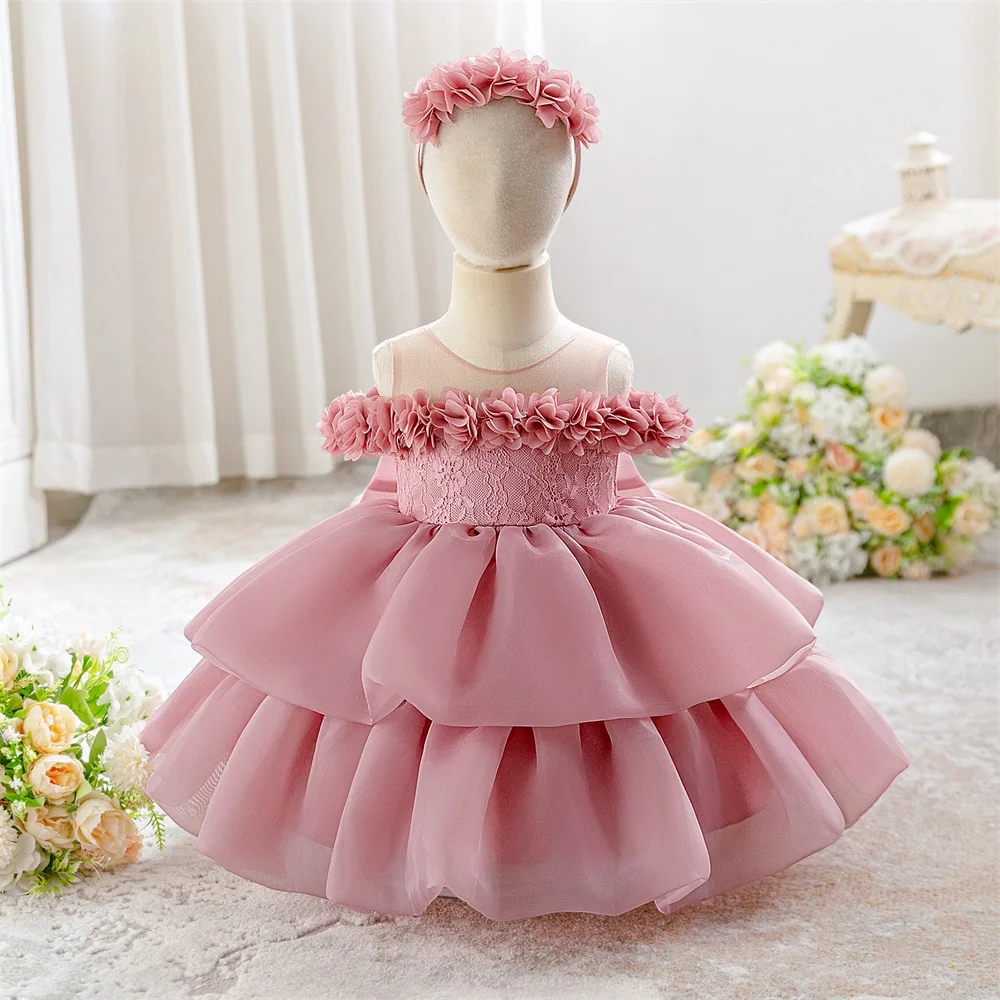 

Baby Girls Flower Bridesmaids Party Dress Toddler 1st Birthday Wedding Princess Dress for Girl Bow Christening Prom Gown ASQ03