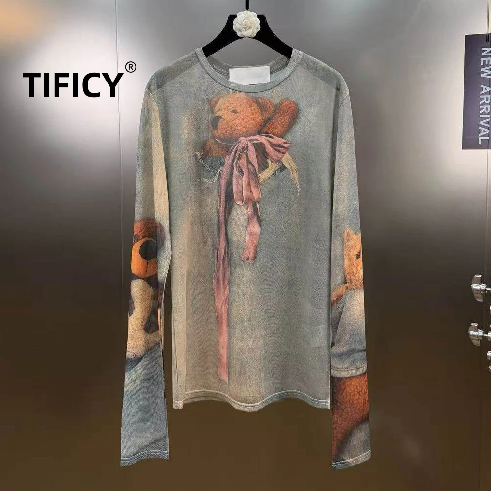 

Футболка с длинным рукавом и принтом «Медвежонок» для женщин, весенняя, облегающая, сетчатая, повседневная, с эффектом стройности