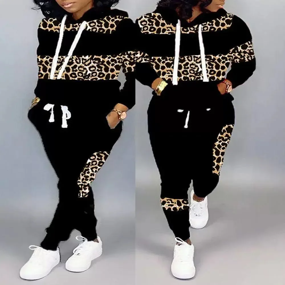 Long-sleeved Leopard Print & Trousers Hooded Sweatshirt Hoodie High Waist Pants 2pcs Women\'s Clothing