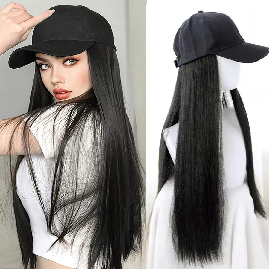 

Synthetic 18/26inch Long straight One Piece Baseball Hair Hat Wig Adjustable Black Brown Hairpiece for Women Daily Party