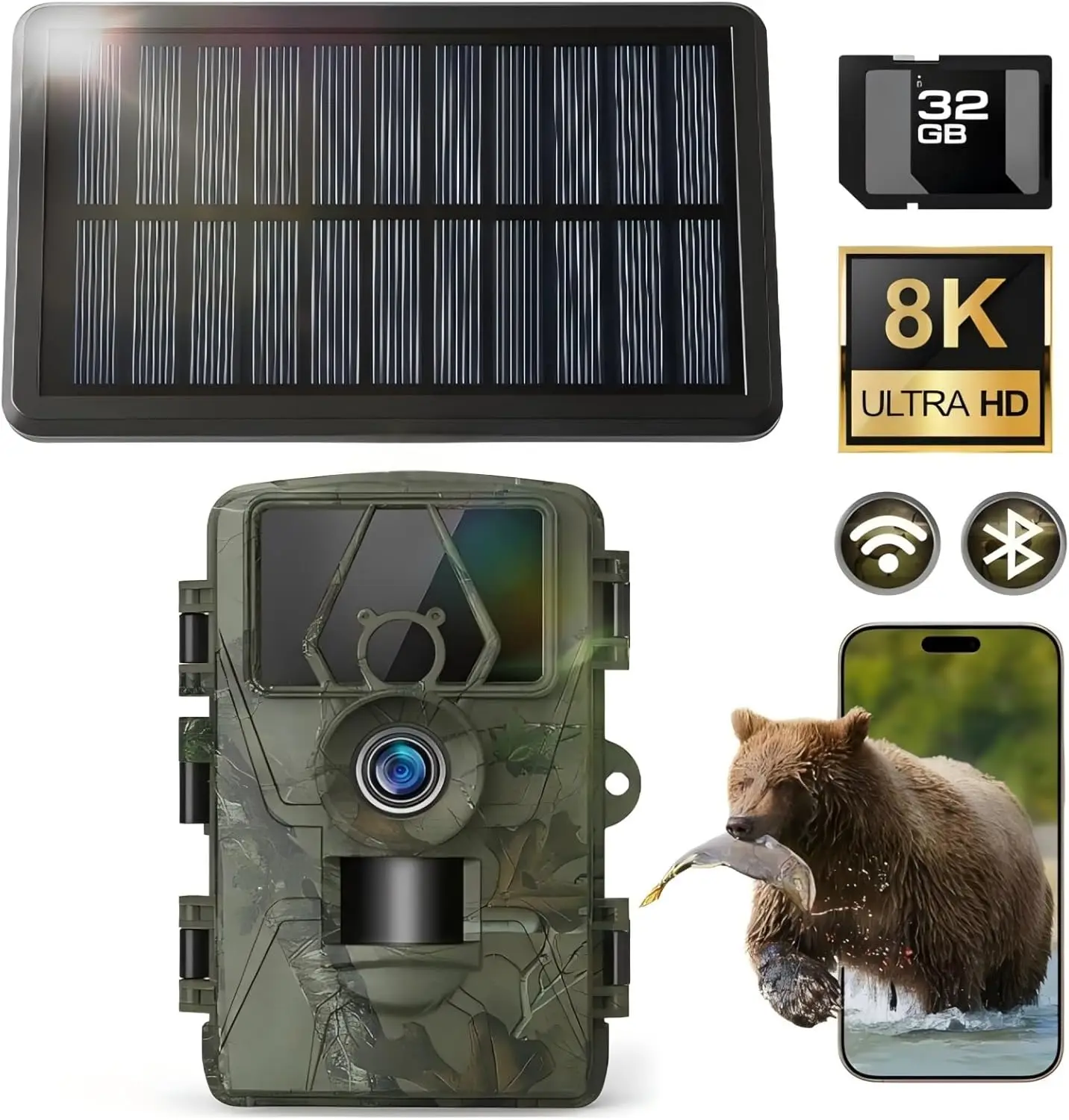 Trail Camera 8K 30FPS, 60MP Bluetooth WiFi Game Camera, APP Control Trail Cam, 120° Detection Angle/Night Vision/0.1S Trigger Mo