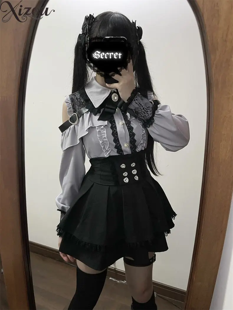 Japanese Style Jirai Kei Gothic Lady Lolita Black Ruffle Women Blouse Long Sleeve Lace Top Kawii Bow Shirt Gown Y2k 2025 Summer