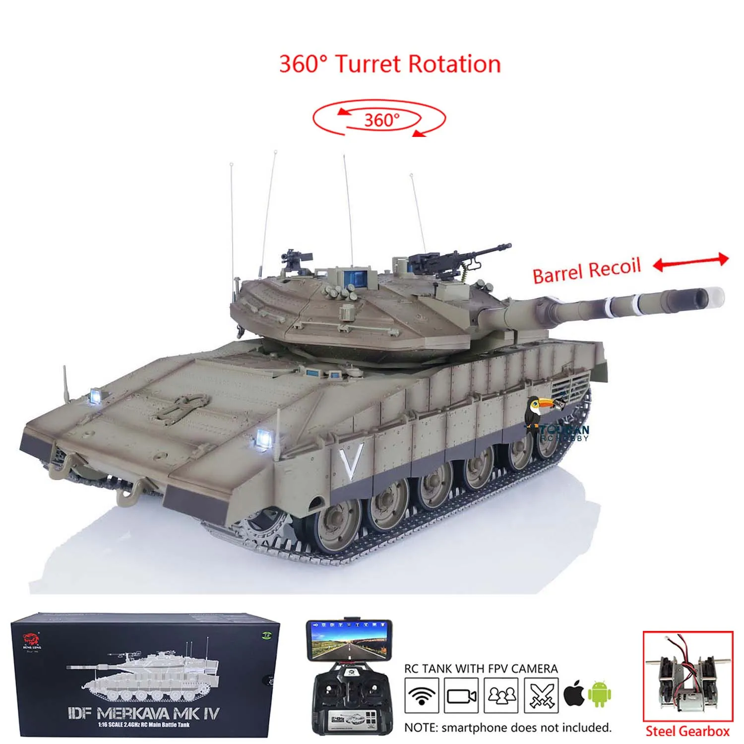 

Upgraded 1:16 Heng Long 3958 RC Tank IDF Merkava MK IV Remote Control Military Vehicle FPV Metal Tracks Driving Motor Idlers