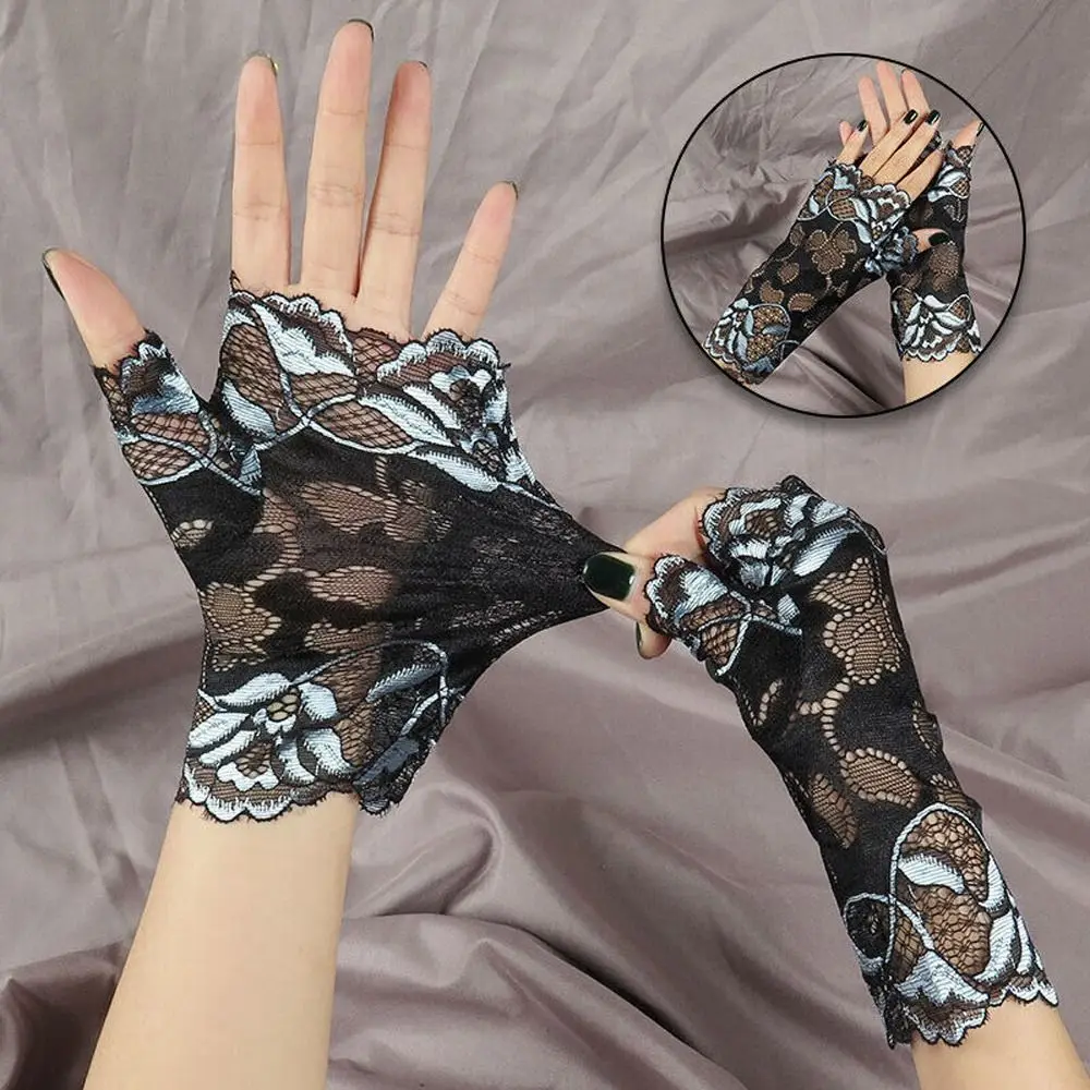 New Lace Gloves Women Sunscreen Half Finger Sexy Elastic Ultra-Thin Driving Gloves Fingerless Embroidered Gloves Summer Mittens