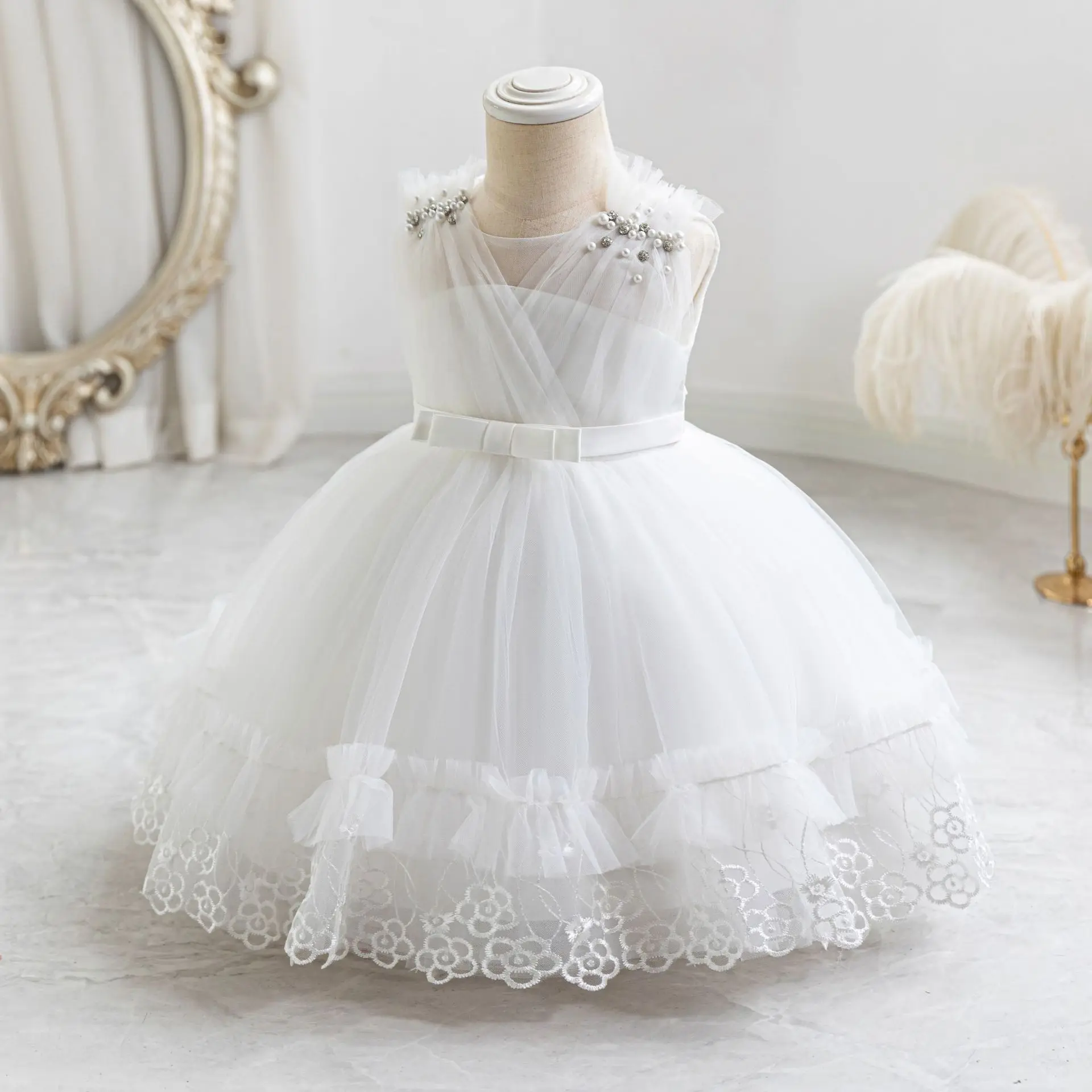 HETISO Summer Baby Dresses Pearls Lace 1st Birthday Dress for Toddler Wedding Party Gown vestido infantil menina 0 2 4 Years