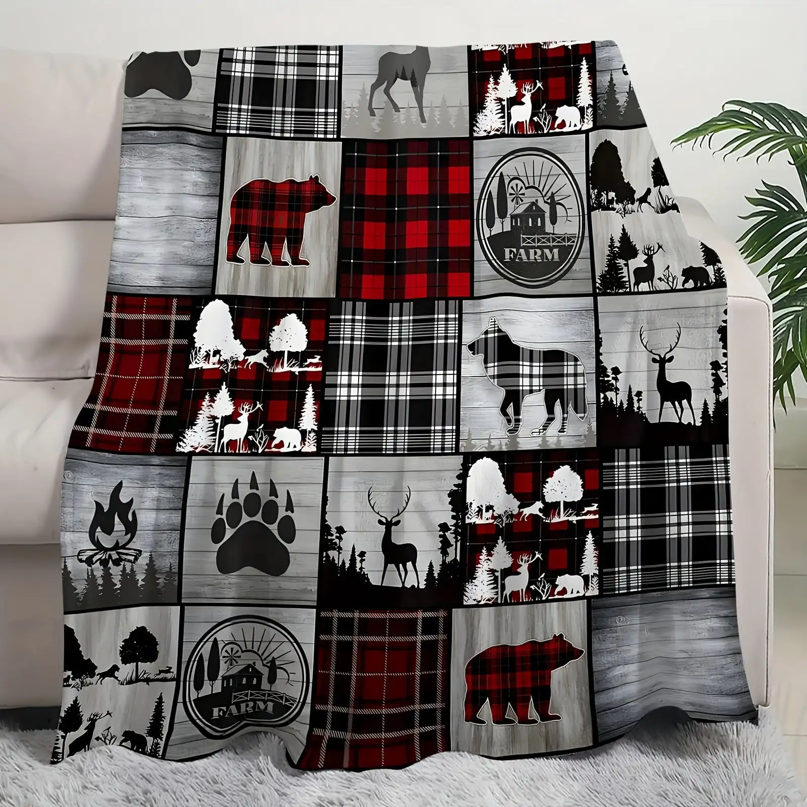 Rustic Farmhouse Bear Paw Blanket Rustic Farmhouse Flannel Throw Blanket with Bear Paw & Deer Print Soft Tear Resistant