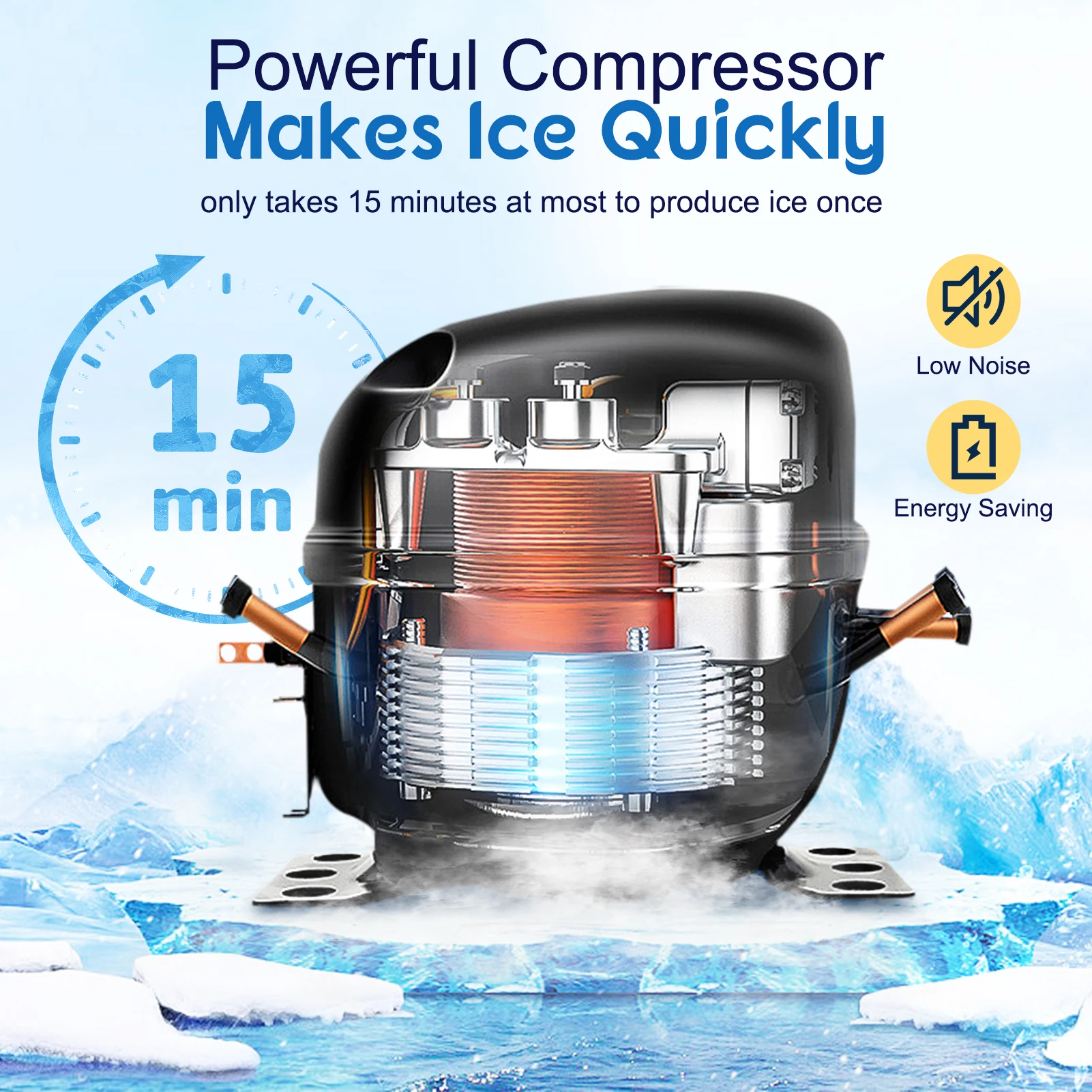 Máquina de hielo comercial, dispositivo independiente de acero inoxidable con contenedor de almacenamiento de 33 libras, listo para hielo en 5-15 min, 100 Lbs/24H