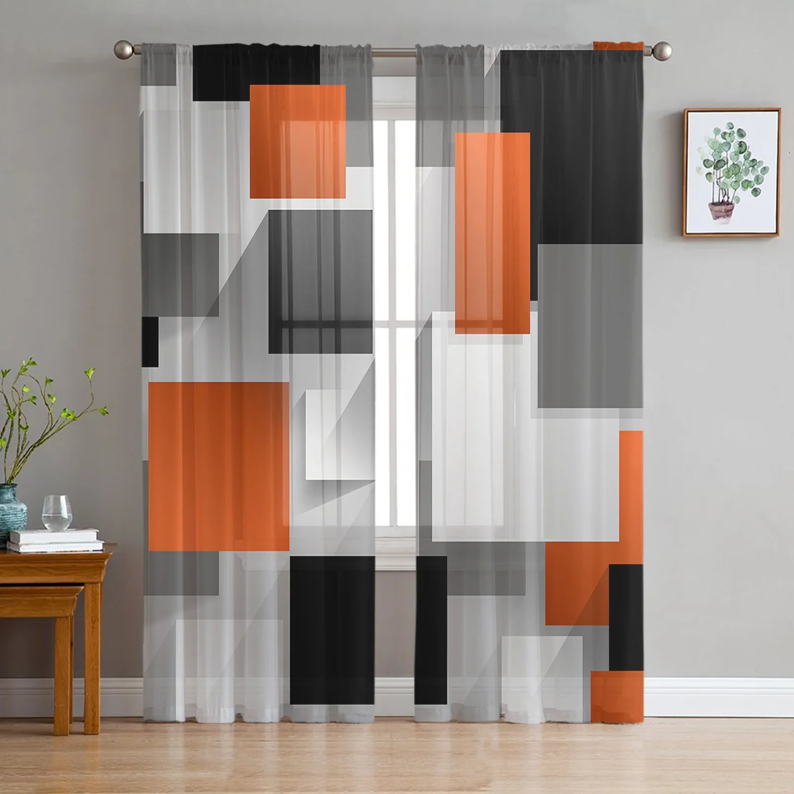 Geometric Figures Orange Abstract Sheer Curtains for Living Room Decoration Window Curtain Kitchen Tulle Voile Organza Drapes