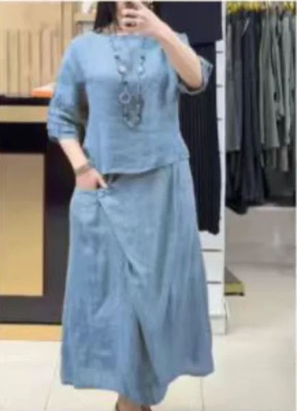 

Loose Casual 2 Piece Set Women Spring Fashion O-neck Folds Half Sleeved Pullover Top Elastic Waist Asymmetric Button Long Skirt