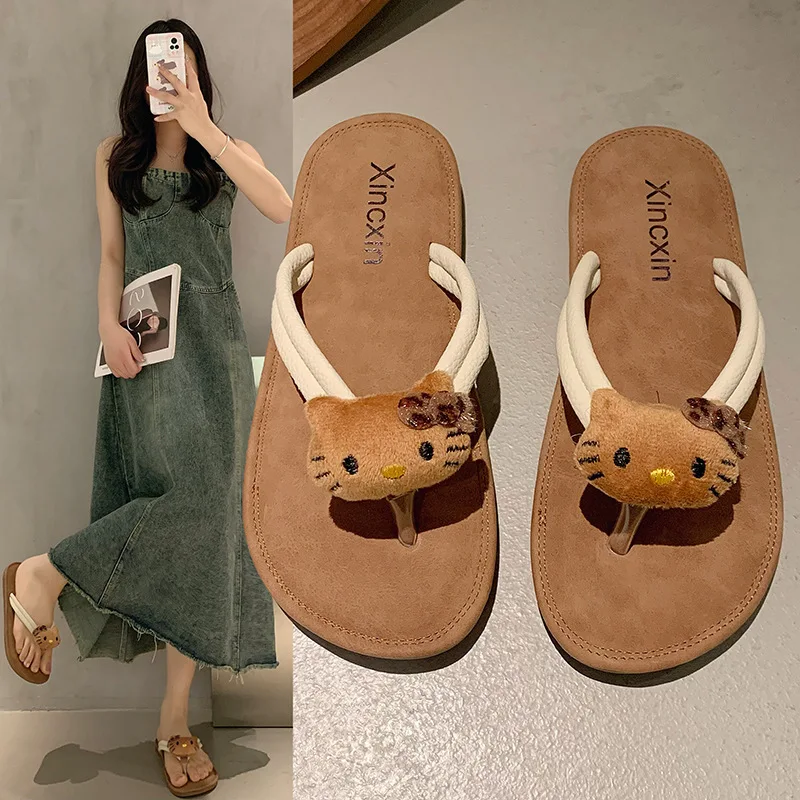 

New Cartoon Black Hello Kitty Cat Flip Flops for Women in Summer 2024 No-slip Beach Casual Home Slippers for Students