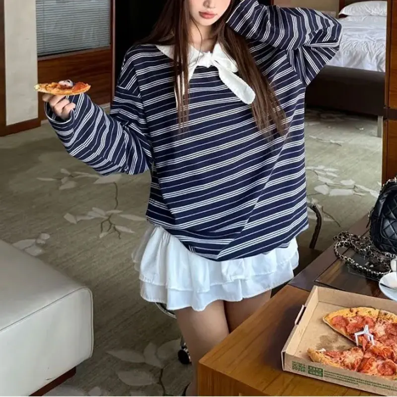 

Vintage Striped Fashion Bandage T-shirts Spring Autumn Long Sleeve Female Clothing American Casual Loose Scarf Collar Pullovers