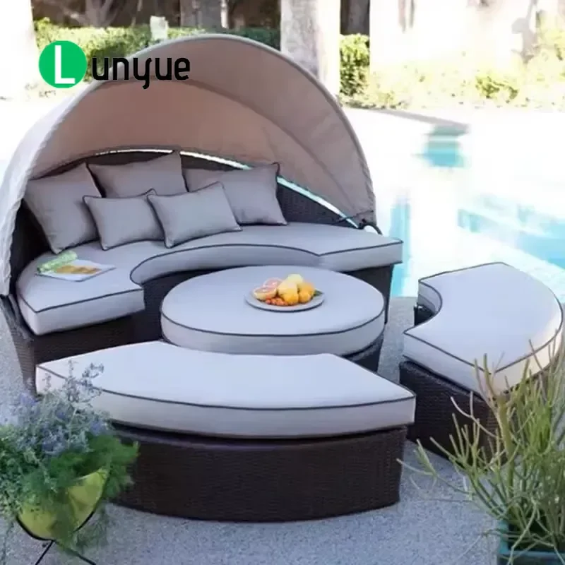 Modern Metal Outdoor Lounger Large Japanese Style Round Sun Bed with Canopy for Garden Terrace Poolside Beach Durable
