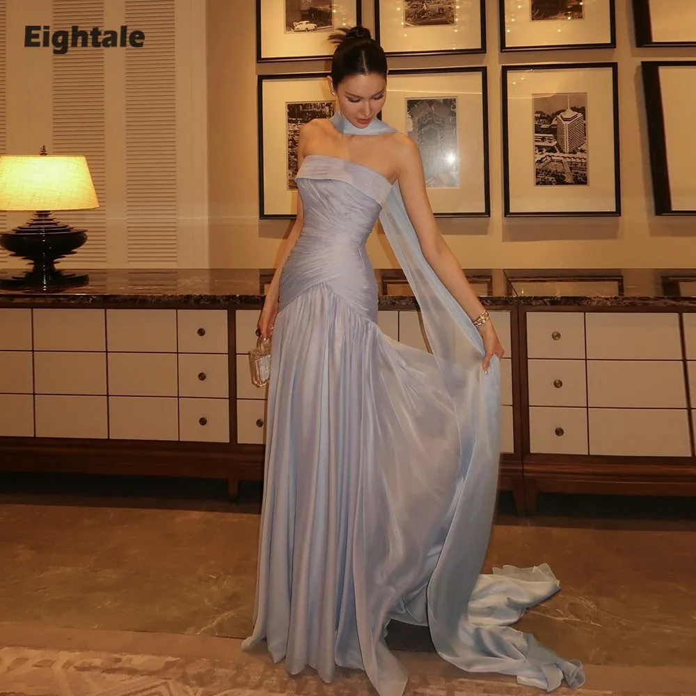 Eightale árabe vestido de noite sem alças plissados crepe personalizado halter azul muçulmano a linha baile de formatura vestido de festa de casamento