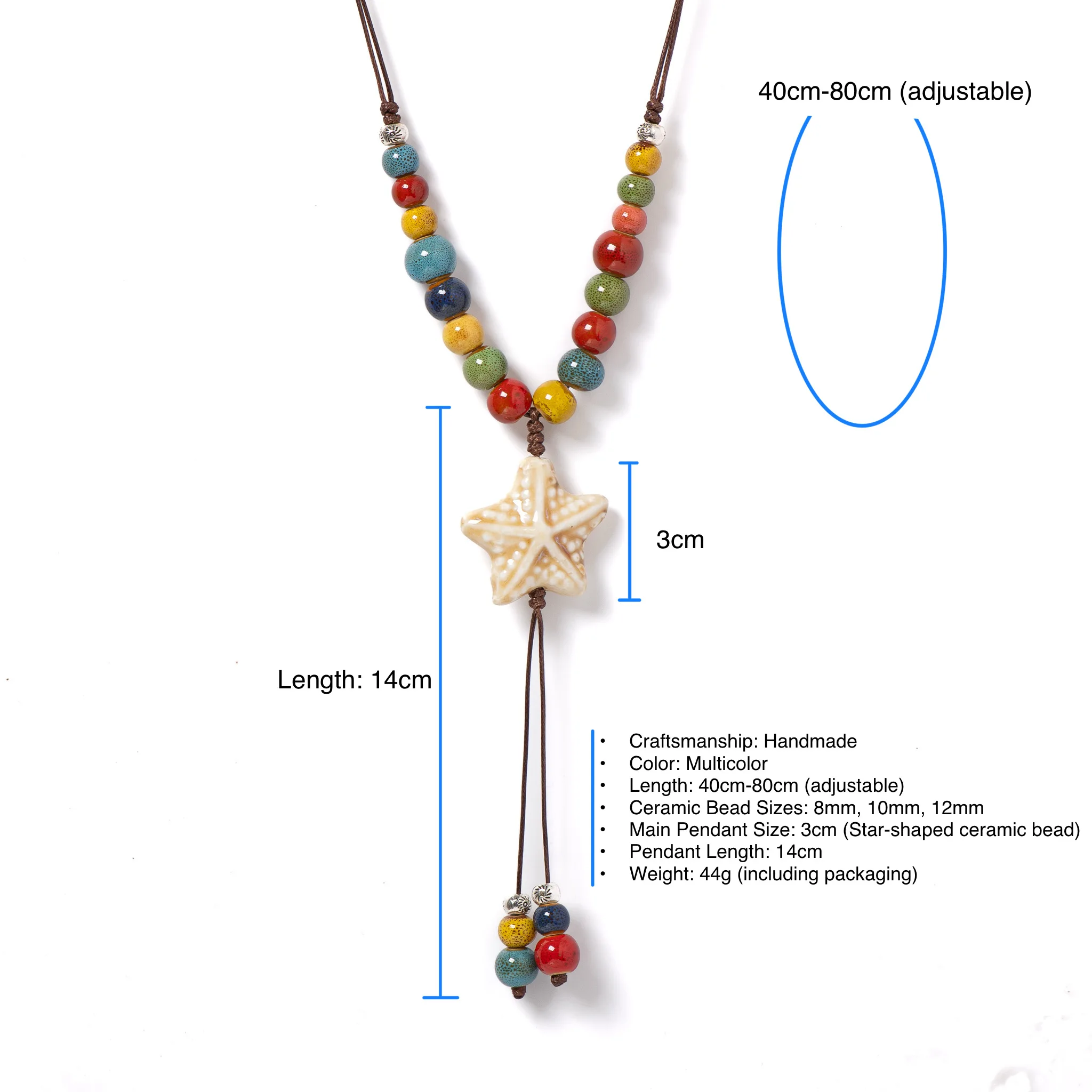 White Star Ceramic Pendant Necklace Handmade Boho Jewelry Colorful Long Adjustable Chain for Women Gifts 1112