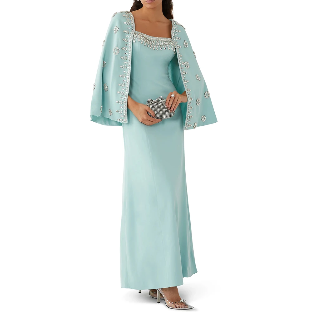 Luxury Green Evening Dress Floor Length Prom Dress Cloak Sleeves A Line Formal Party Gown Beading Saudi Arabia Dress