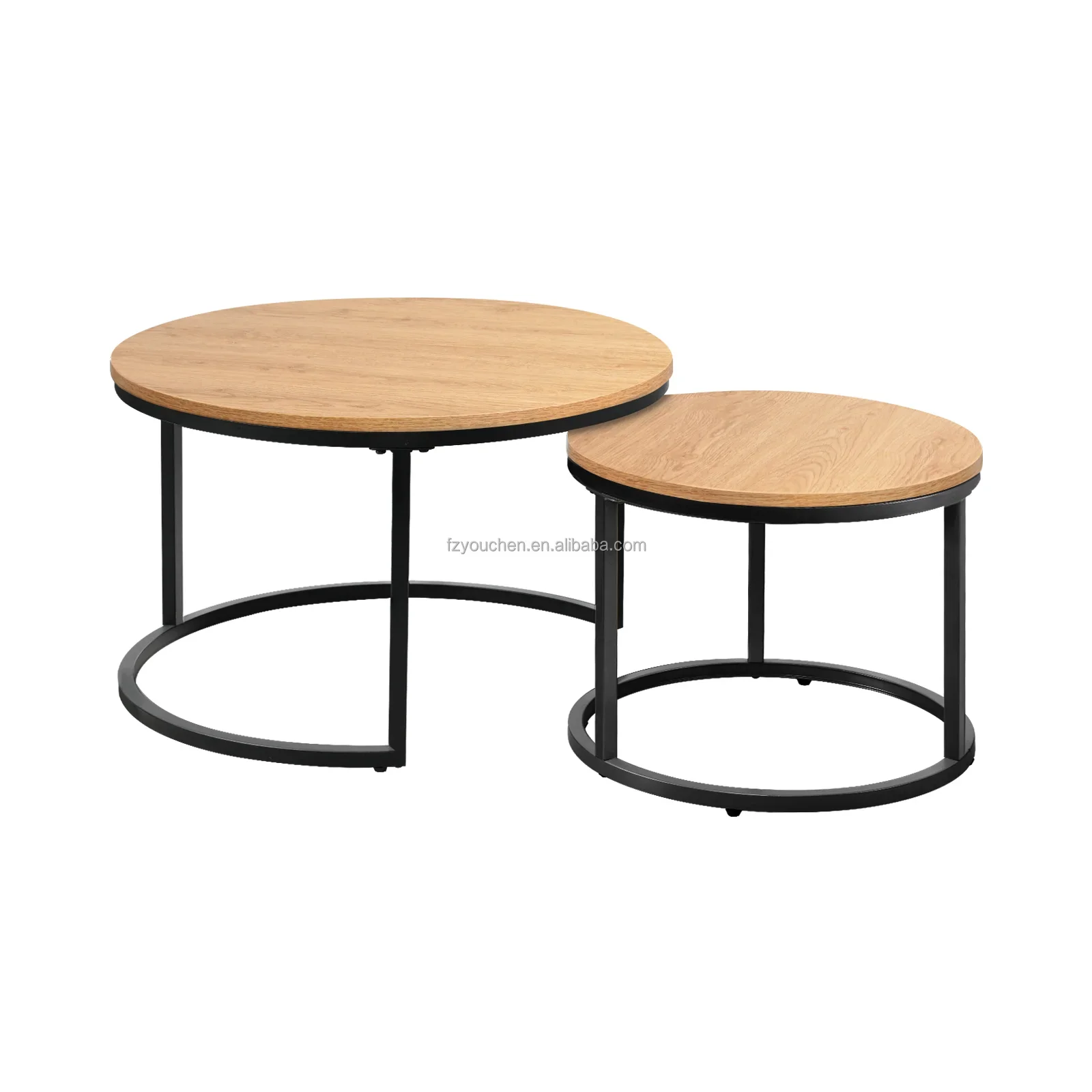 

-Reclaimed Oak Round Modern Nesting Coffee Set Of 2 Living Room Accent Tables With Tabletops And Matte Metal Frame