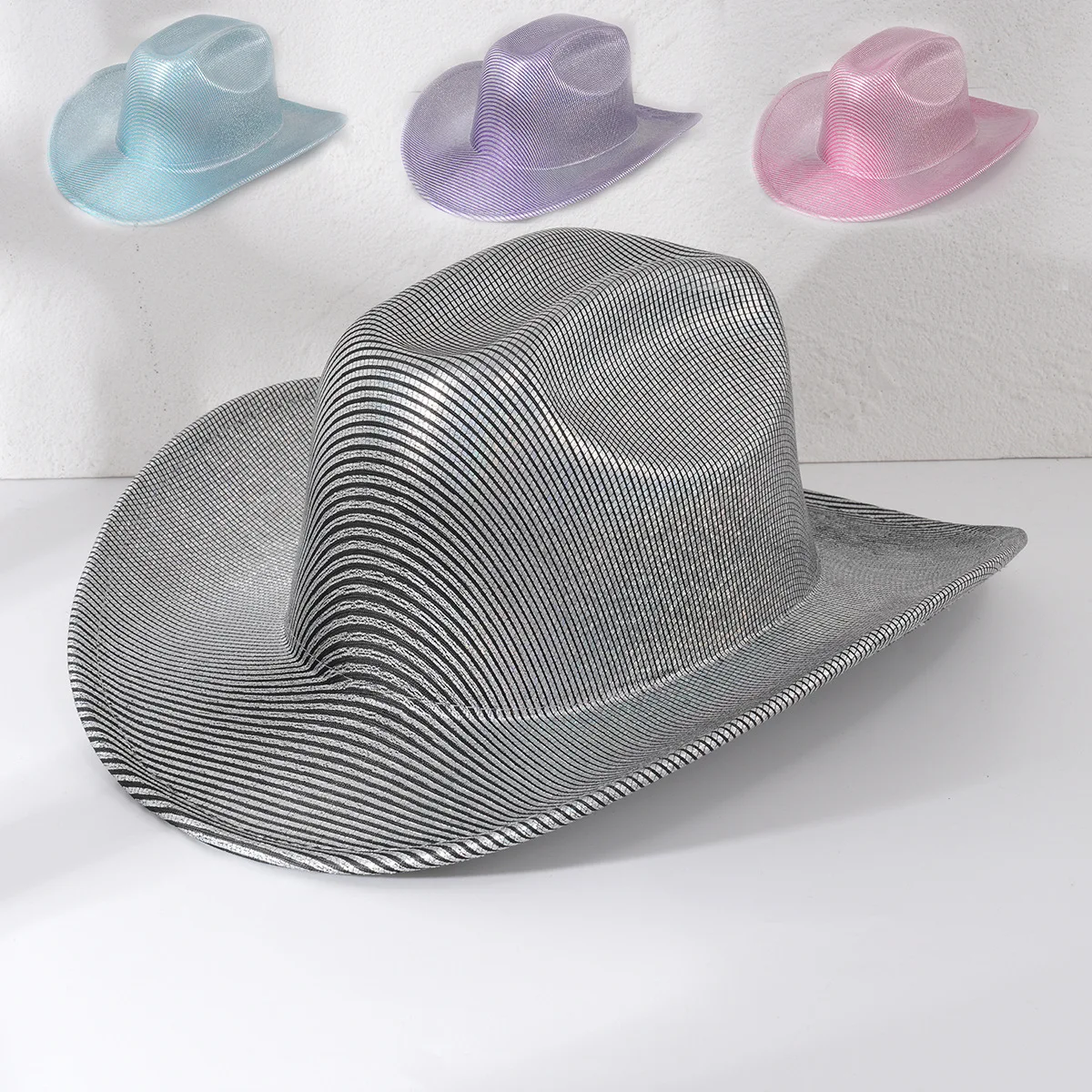 

HongLuan Silver Arc-shaped Design Top Panama Hat Woman, Glossy Surface Fascinators Hats Woman, Flat Wide Brim Party Caps for Man