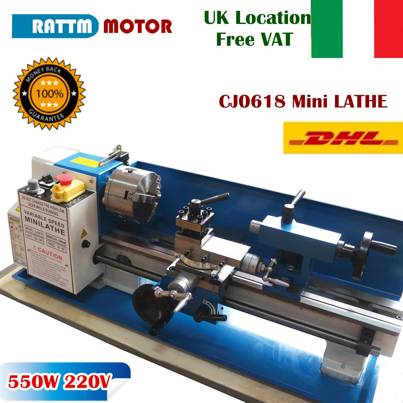 【EU Free VAT】DIY 0618 Mini Metal Lathe Machine 550W Nylon Gear 100mm Three-jaw Chuck