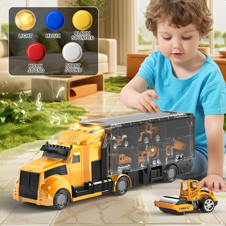 建設トラックのおもちゃセット、プレイマット付き、キャリアトラック、プレイビークルセット、3歳、4歳、5歳、6歳の男の子向け、ダイキャストカーのおもちゃ、幼児向け