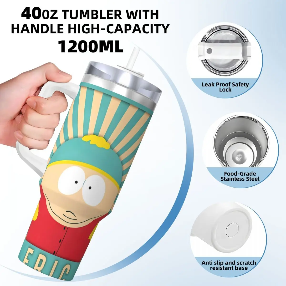SOUTHPARK Eric Stainless Steel Tumbler Driving Thermal Cups With Straws and Lid Large Car Mugs Cold and Hot Water Bottle