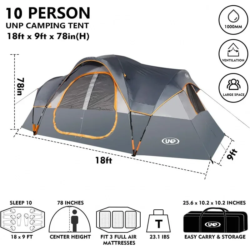 UNP Camping Tent 10-Person-Family Tents, Parties, Music Festival Tent, Big, Easy Up, 5 Large Mesh Windows, Double Layer, 2 Room,