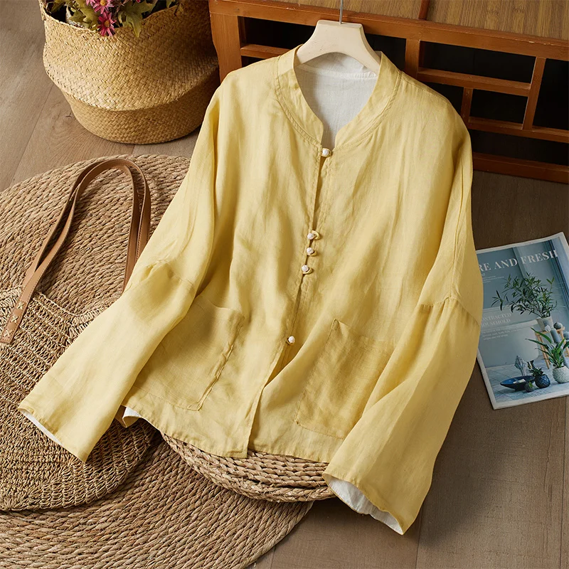 

Double-Sided Wear Cotton Linen Jaet for Women with Wind Disk Buttons Loose Fit Long Sve round Ne Commute Sle Outerwear