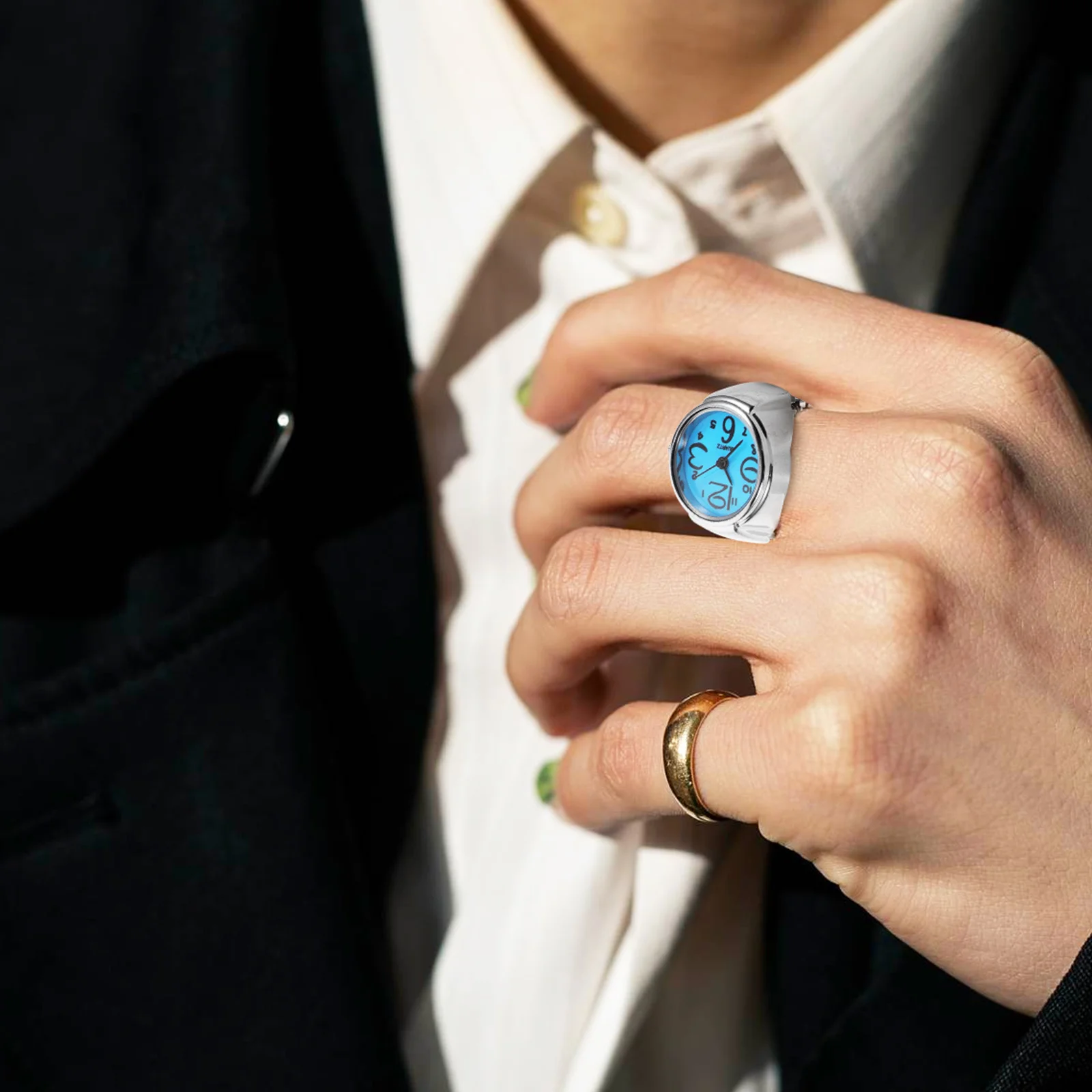 2Pcs Stylish Ring Watches for Couples Unique Design Bright Daily Look Multi Occasions Gift Sending Blue Ring Watch